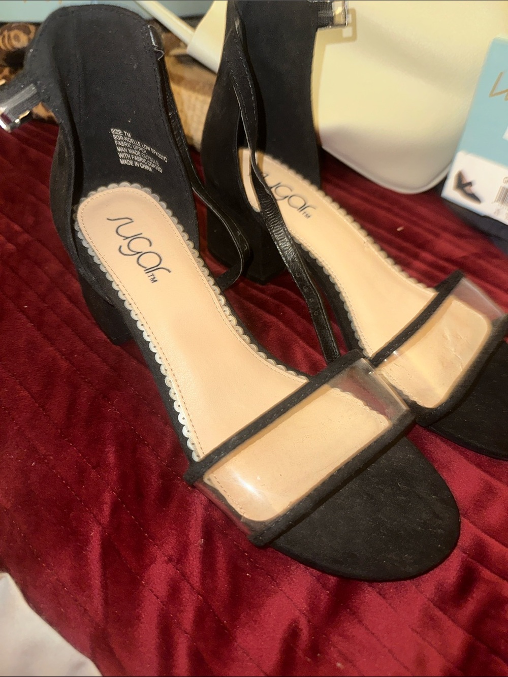 Sugar Collection Black Block Heel Sandals with Clear Strap 7 strap